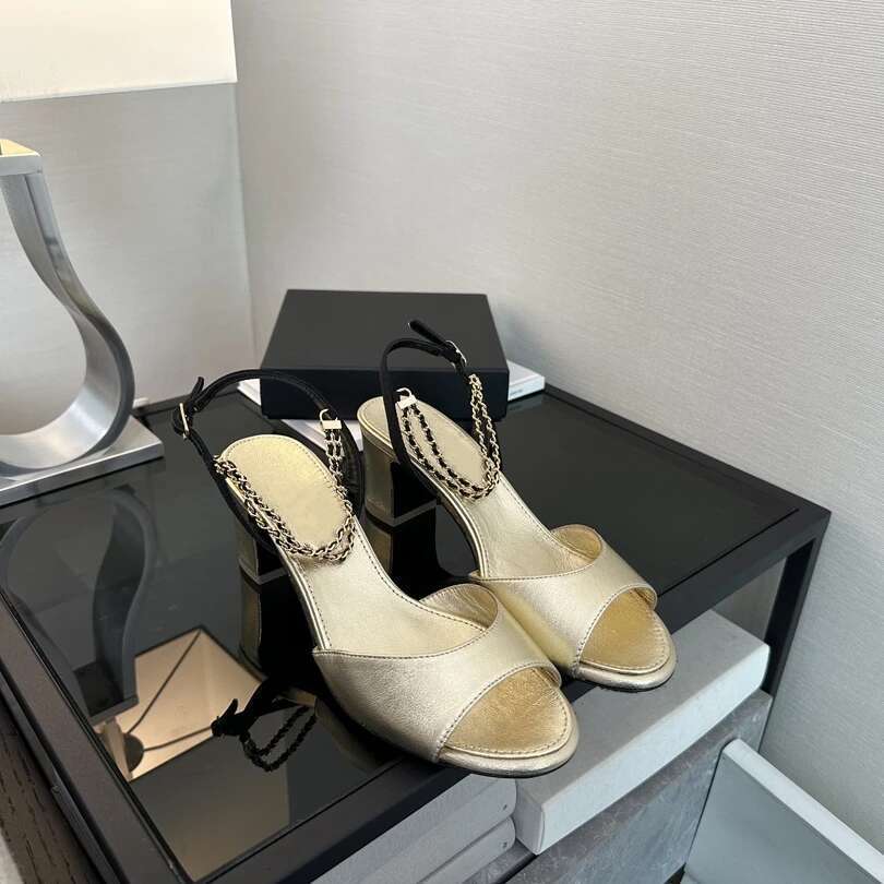 New Women Genuine Leather Sandals High Heels Chain Pumps Slingbacks Summer Buckle Strap Designer Shoes Zapatillas De Mujer