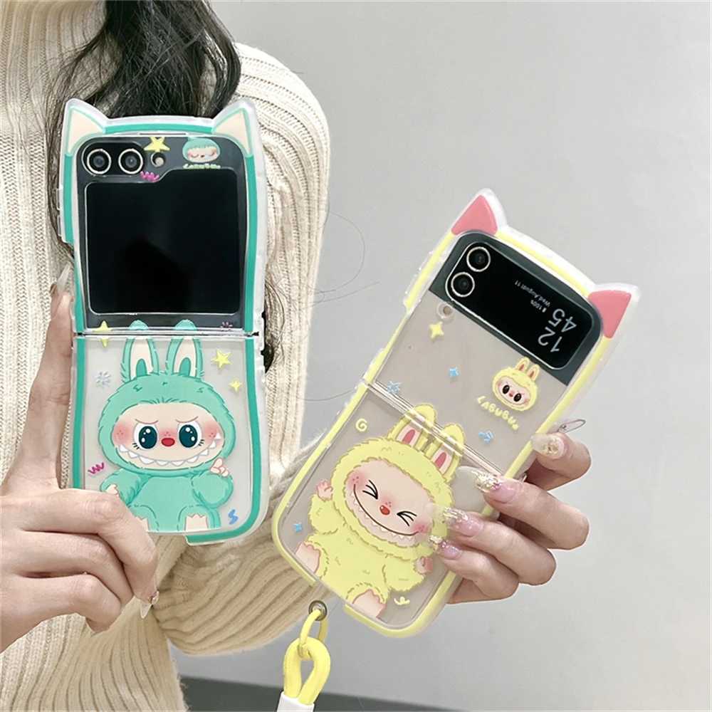 Korean Cute LaBuBu Cat Ears Phone Case For Galaxy Z Flip 6 5G Lovely Hand Strap Cover For Galaxy Z Flip 3/4/5/6 Shell Y250512