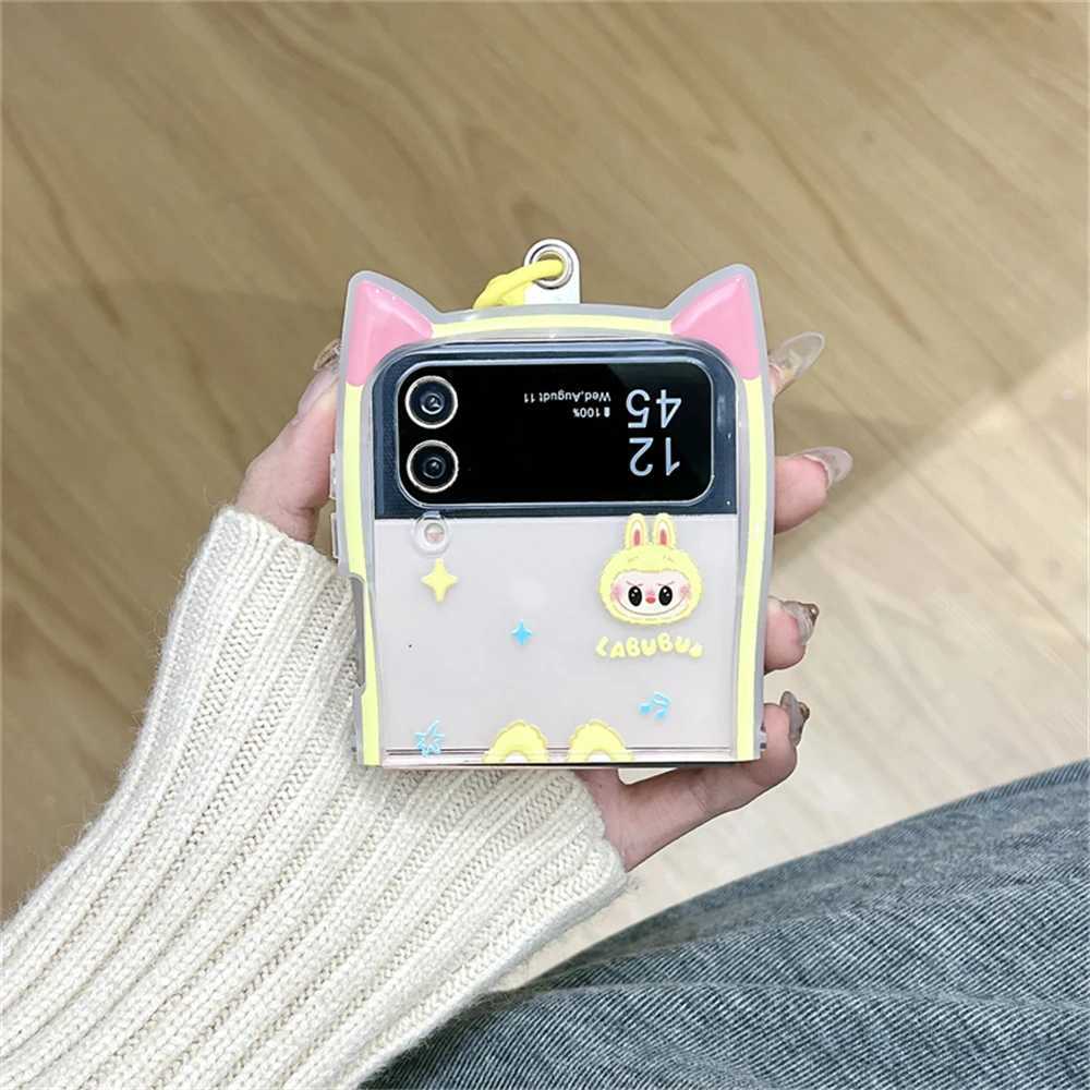Korean Cute LaBuBu Cat Ears Phone Case For Galaxy Z Flip 6 5G Lovely Hand Strap Cover For Galaxy Z Flip 3/4/5/6 Shell Y250512