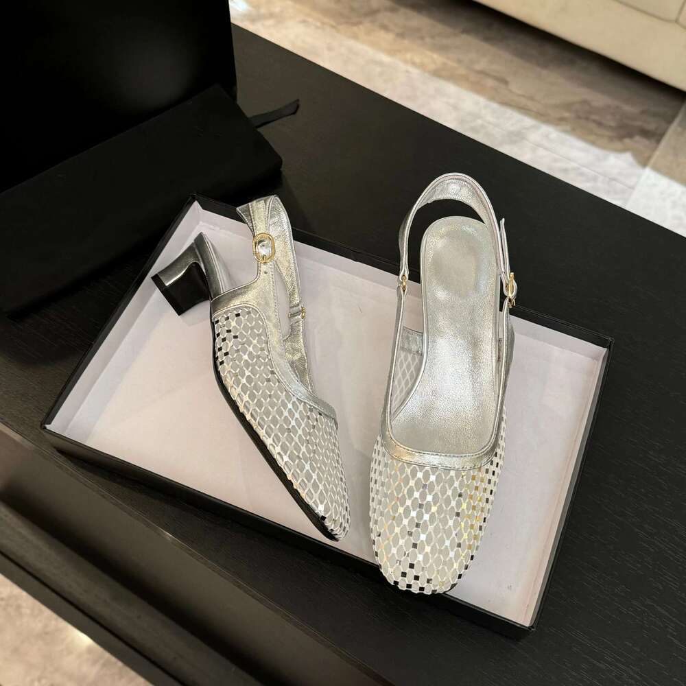 Women Size35-41 Genuine Leather Pumps Slingbacks High Heels Mesh Sandals Square Toes Designer Shoes Zapatillas De Mujer