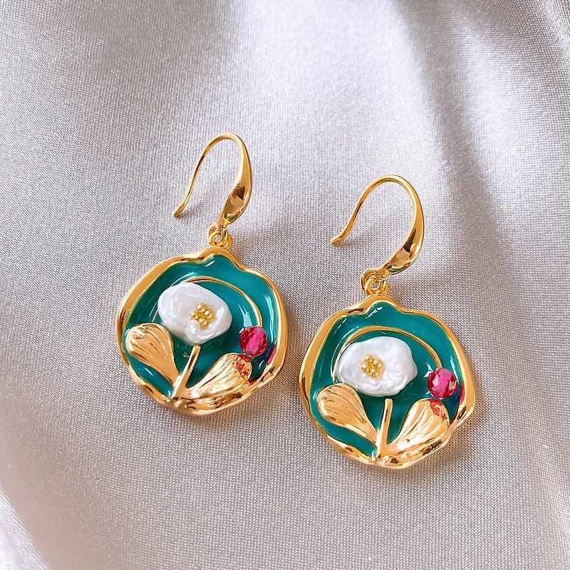 Vintage Oil Painting Style Flower Earrings Fashion Imitations Pearl Geometric Drop Earrings High-End Wedding Jewelry Accessories Y250510