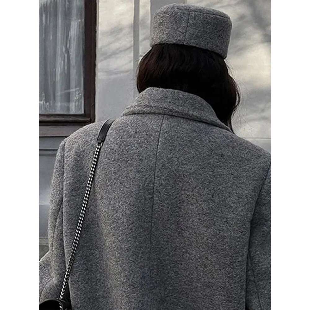Grey Women's Coat Turndown Collar Double Breasted Long Sleeve Coats Fashion Vintage Winter Windproof Women Jacket