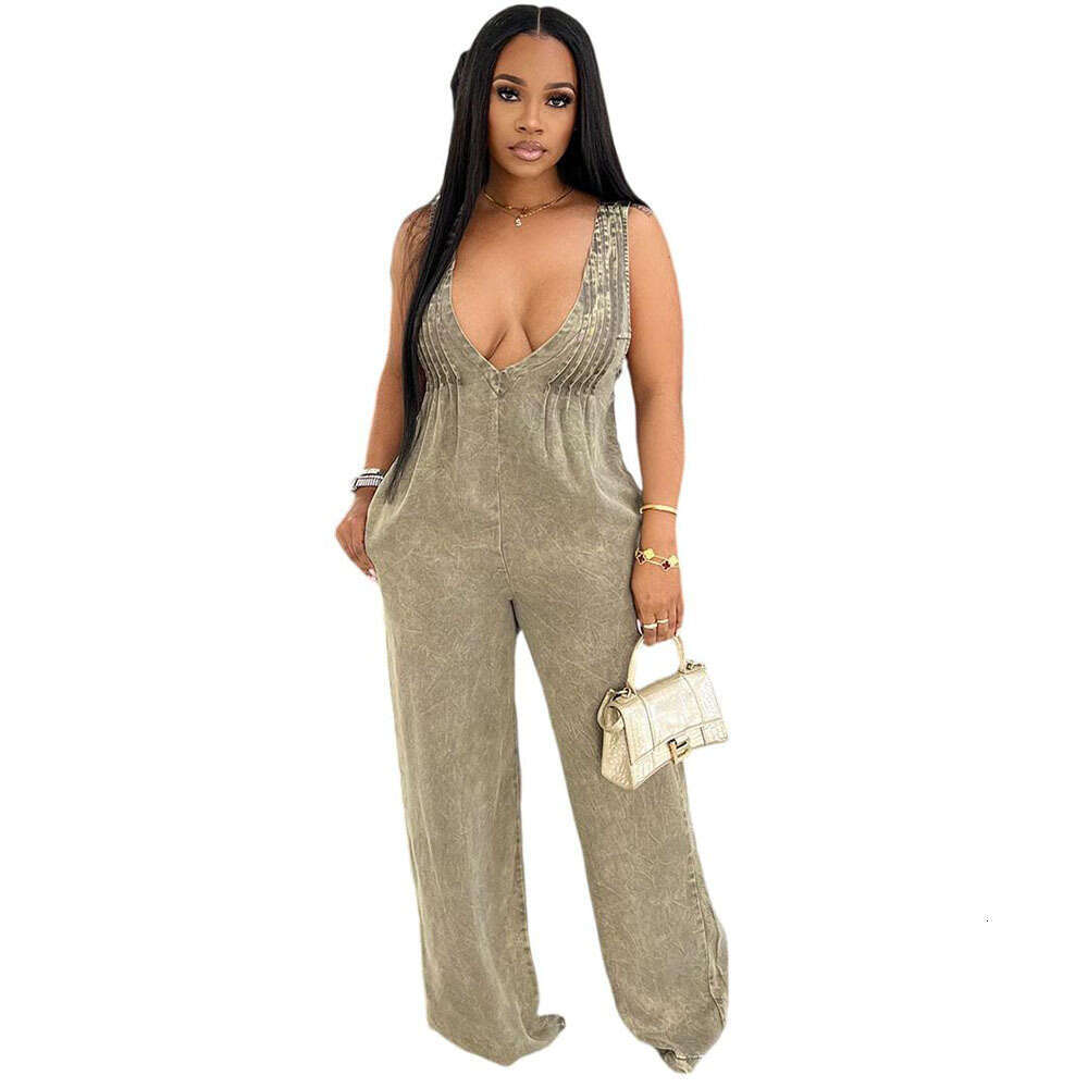 Fashionable plus-size women's clothing Women's denim women's new solid color backless sleeveless loose jumpsuit