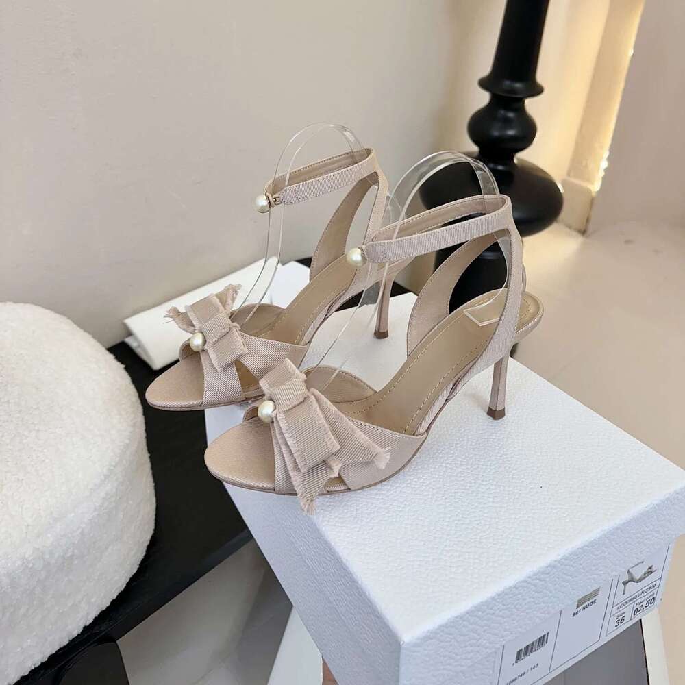 Women Size35-42 Butterfly Knot Sandals Super High Heels Pearls Pumps Genuine Leather Designer Shoes Zapatillas De Mujer