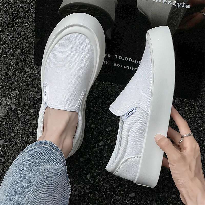 Men's canvas high-quality loafers fashionable thick soles versatile casual sports board white lazy shoes