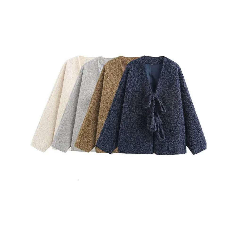 2024 Autumn Wintervintage Casual Chic Women Jackets Solid V-Neck Long Sleeve Lace-Up Loose Thick Coats Fashion Outwears