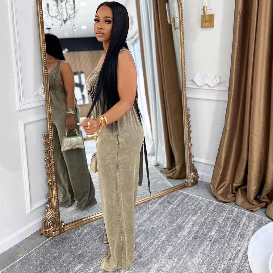 Fashionable plus-size women's clothing Women's denim women's new solid color backless sleeveless loose jumpsuit