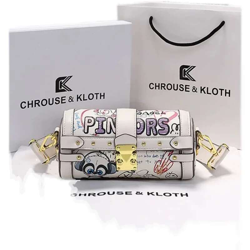 Original Design Handheld Cylinder With Cartoon Graffiti Pattern Letter Printing Women's Fashion And Cute Shoulder Bag