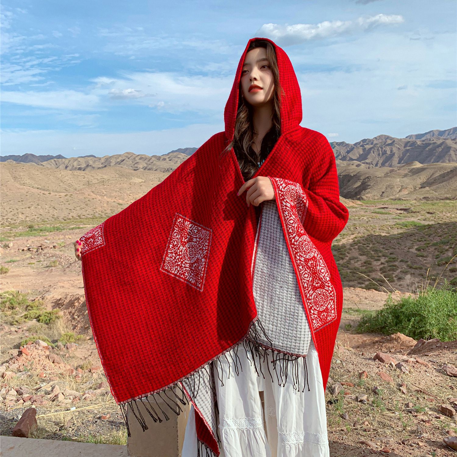 K695 Travel photography cape large shawl women autumn and winter outerwear sun protection hooded scarf red ethnic style knitted coat
