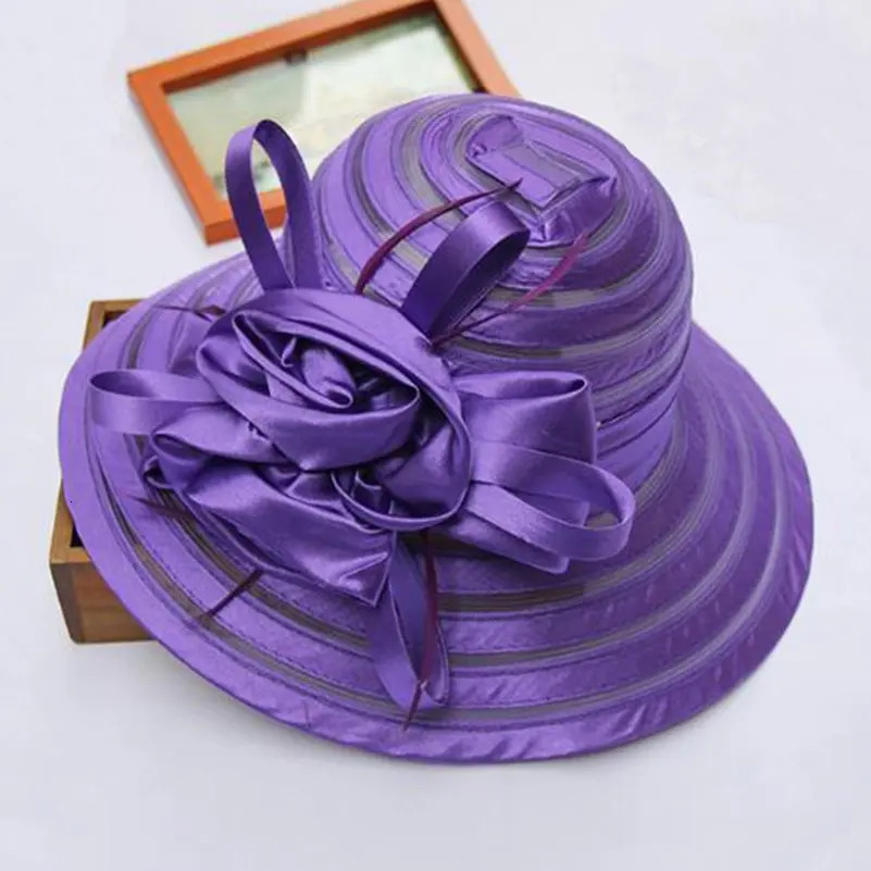 Fashion Women Summer Organza Sun Hats Wide Brim With Big Flower Fedora Hat Elegant Ladies Wedding Church Party 250512
