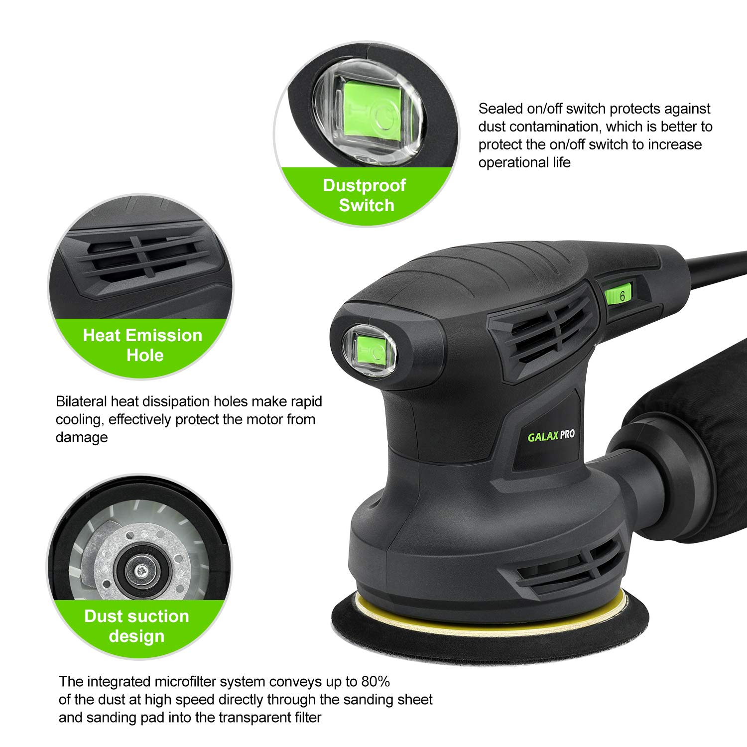 GALAX PRO Random Orbital Sander 280W 13000 OPM with 6 Variable Speeds and 15pcs Emery Paper 125mm with Dust Extraction for Sanding and Polishing