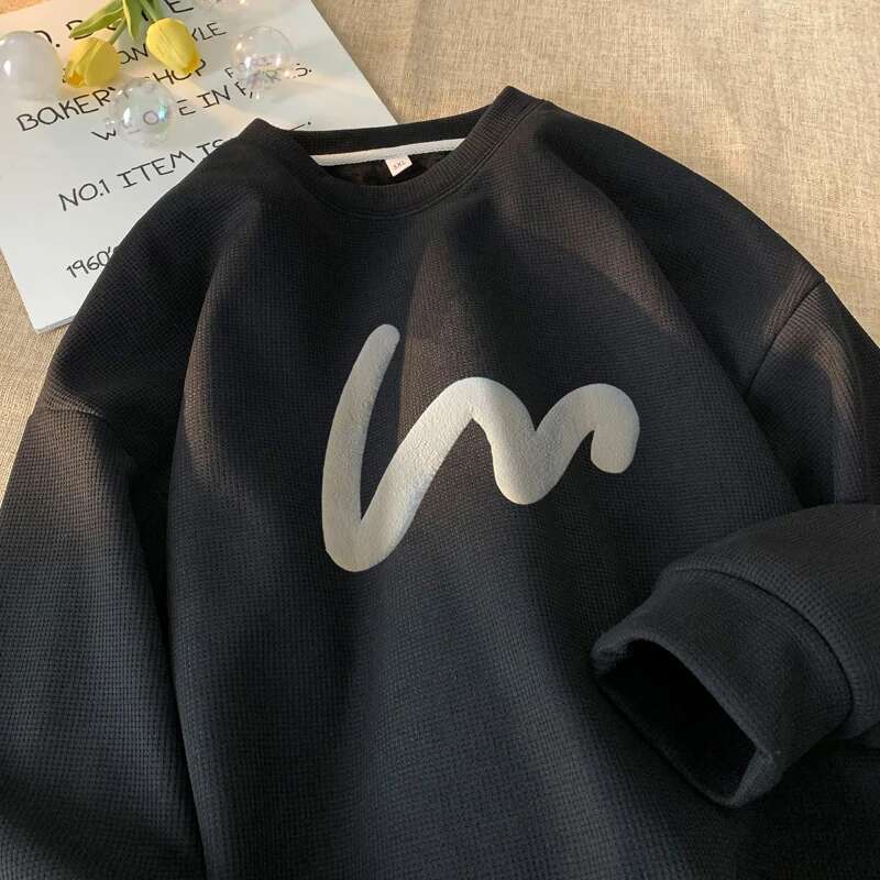Korean Men Sweatshirt Waffle Fabric Crew Neck Sweatshirts Wave Print Casual Loose Sports Pullovers Streetwear Hoodie Designer