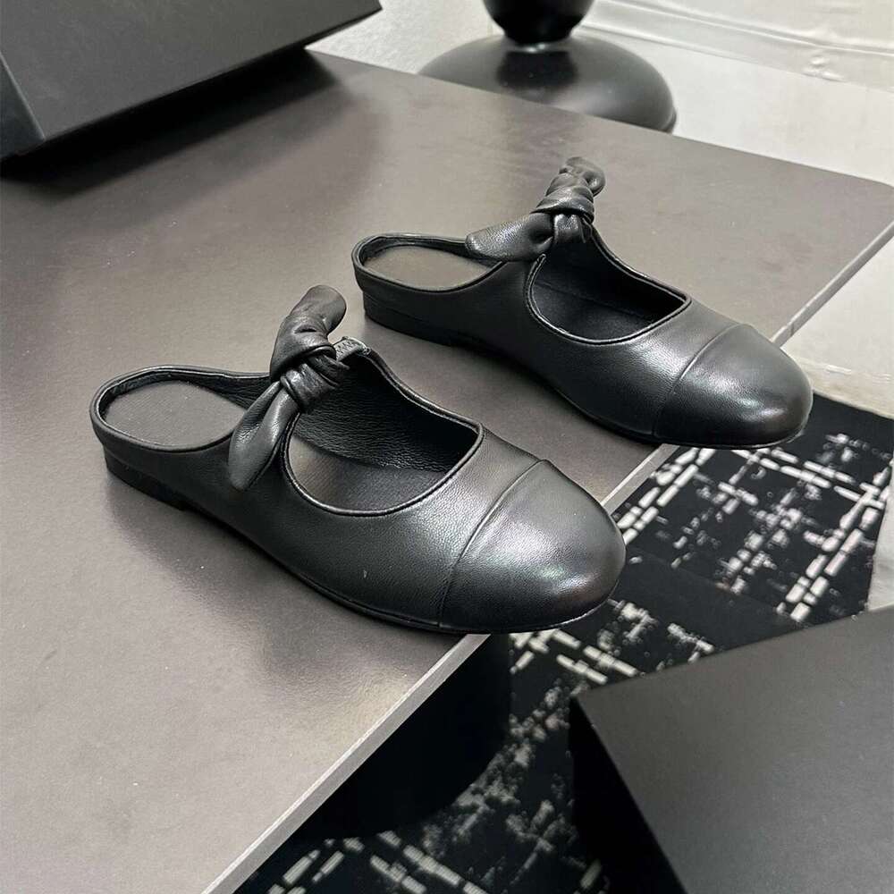 Women Size35-41 Genuine Leather Mules Low Heels Butterfly Knot Slippers Round Toe Slide Designer Shoes Zapatillas De Mujer