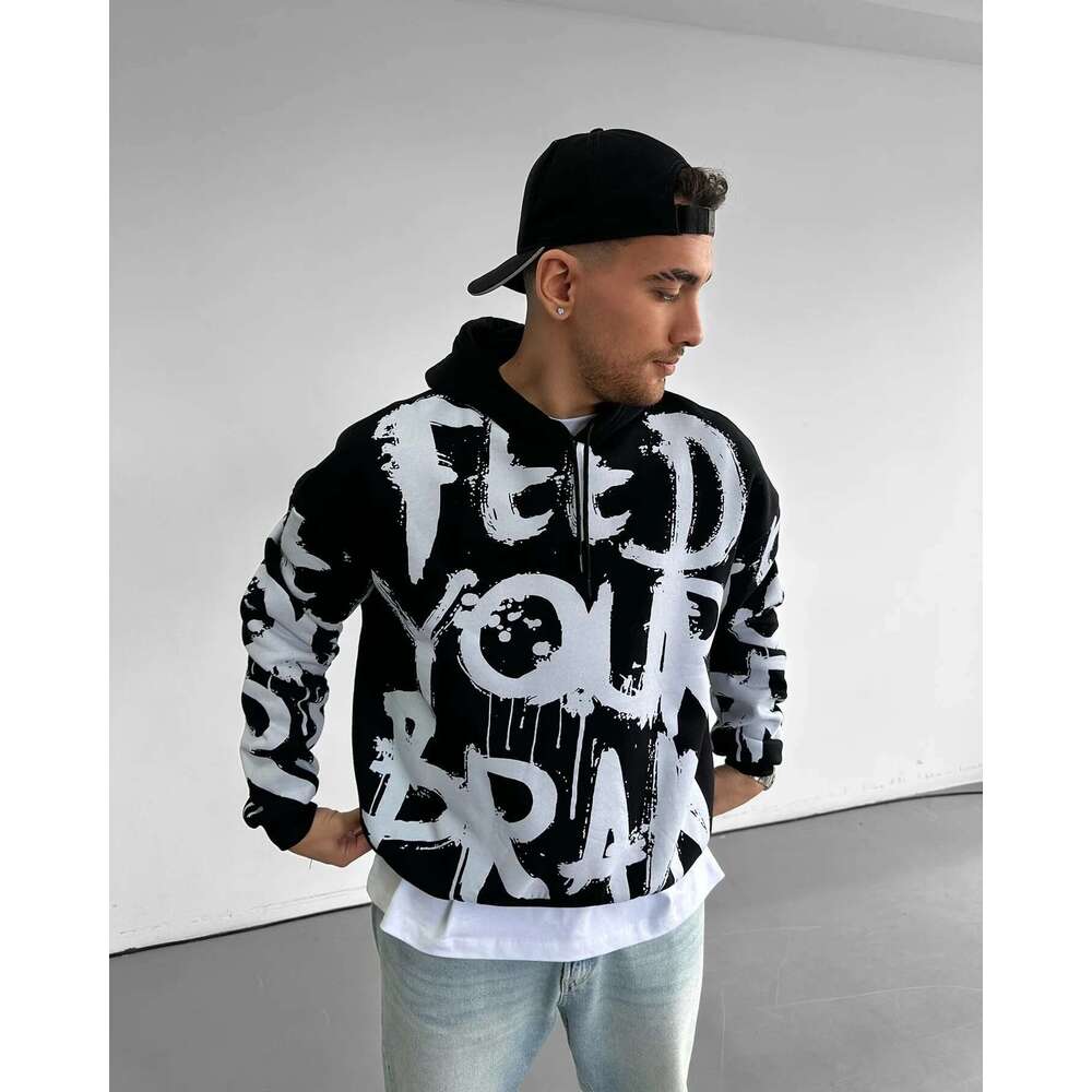 Trendy Letter Graffiti Print Hoodie Classic Retro Skateboard Hip Hop Street Casual Oversized Sweatshirt Haruku Sports Designer