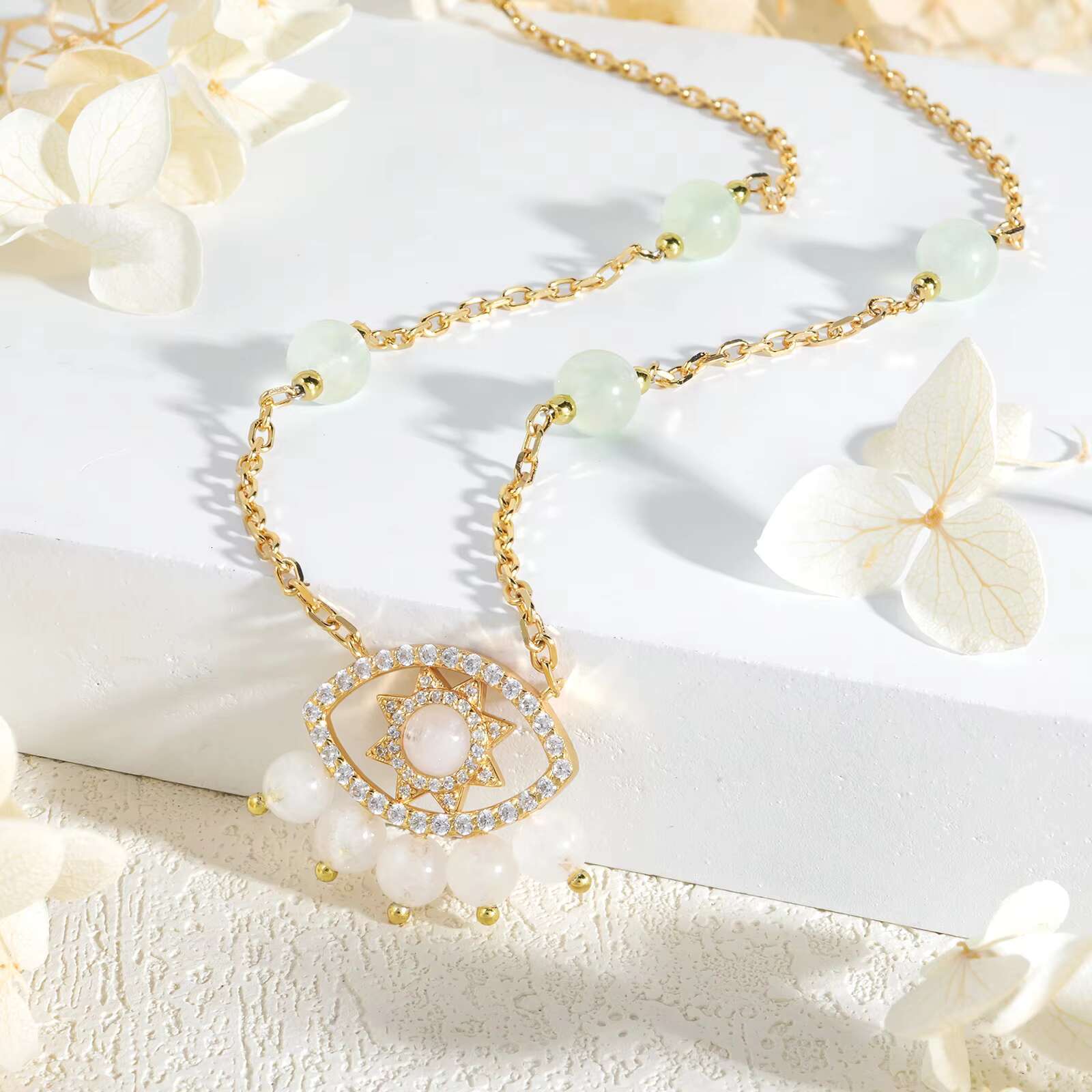 Gold plated necklace, natural crystal stone pendant jewelry, women's evil eye necklace