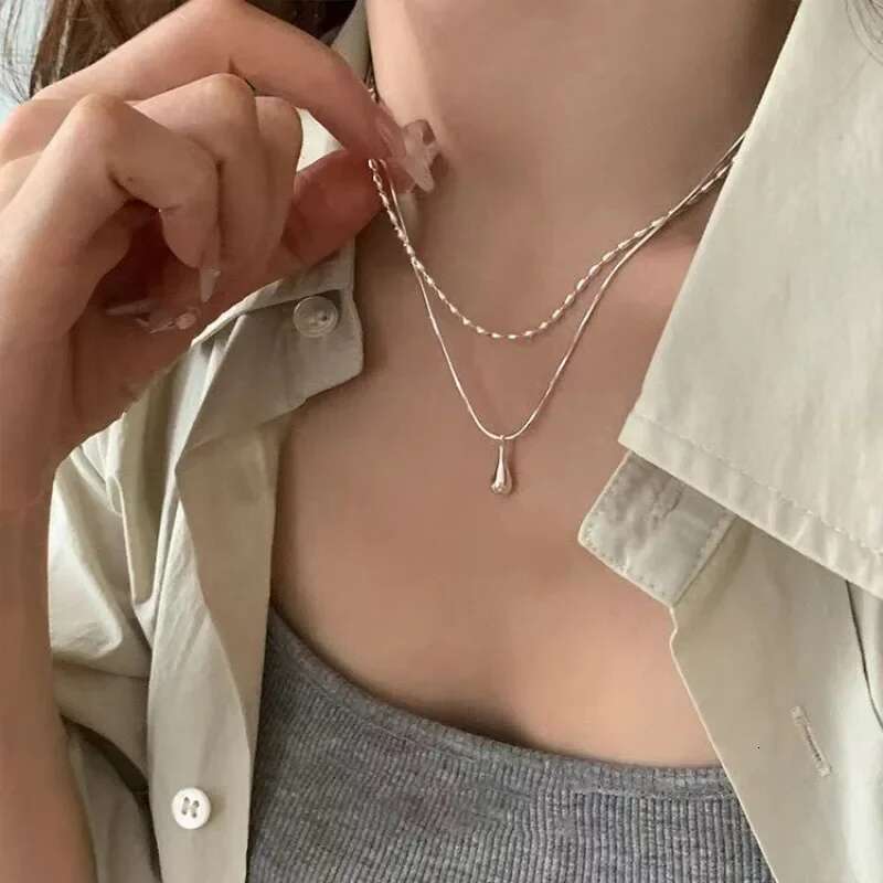 Fashion Sier Color Double Layer Waterdrop Pendant for Women Minimalist Metal Bead Clavicle Chain Necklace Jewelry
