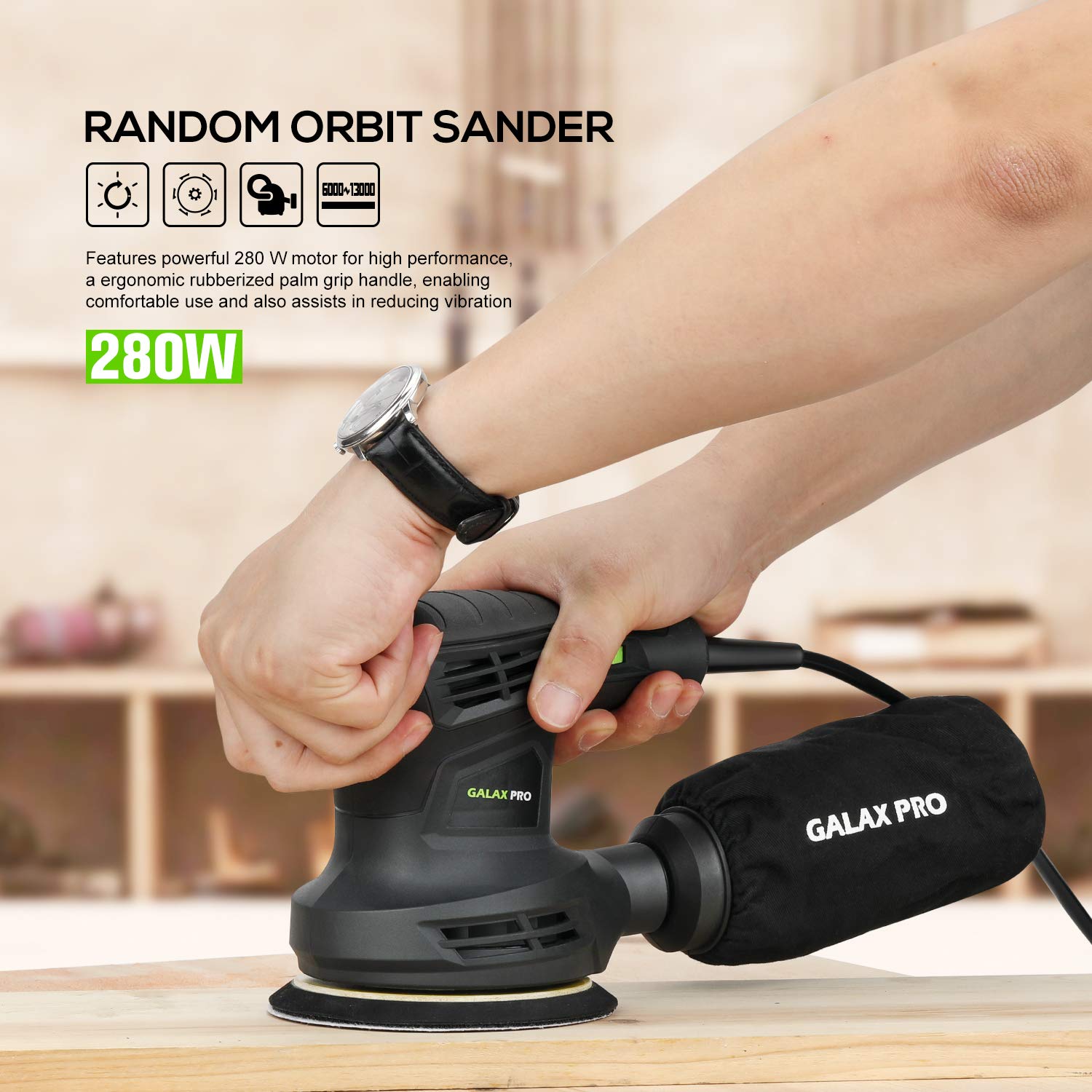 GALAX PRO Random Orbital Sander 280W 13000 OPM with 6 Variable Speeds and 15pcs Emery Paper 125mm with Dust Extraction for Sanding and Polishing