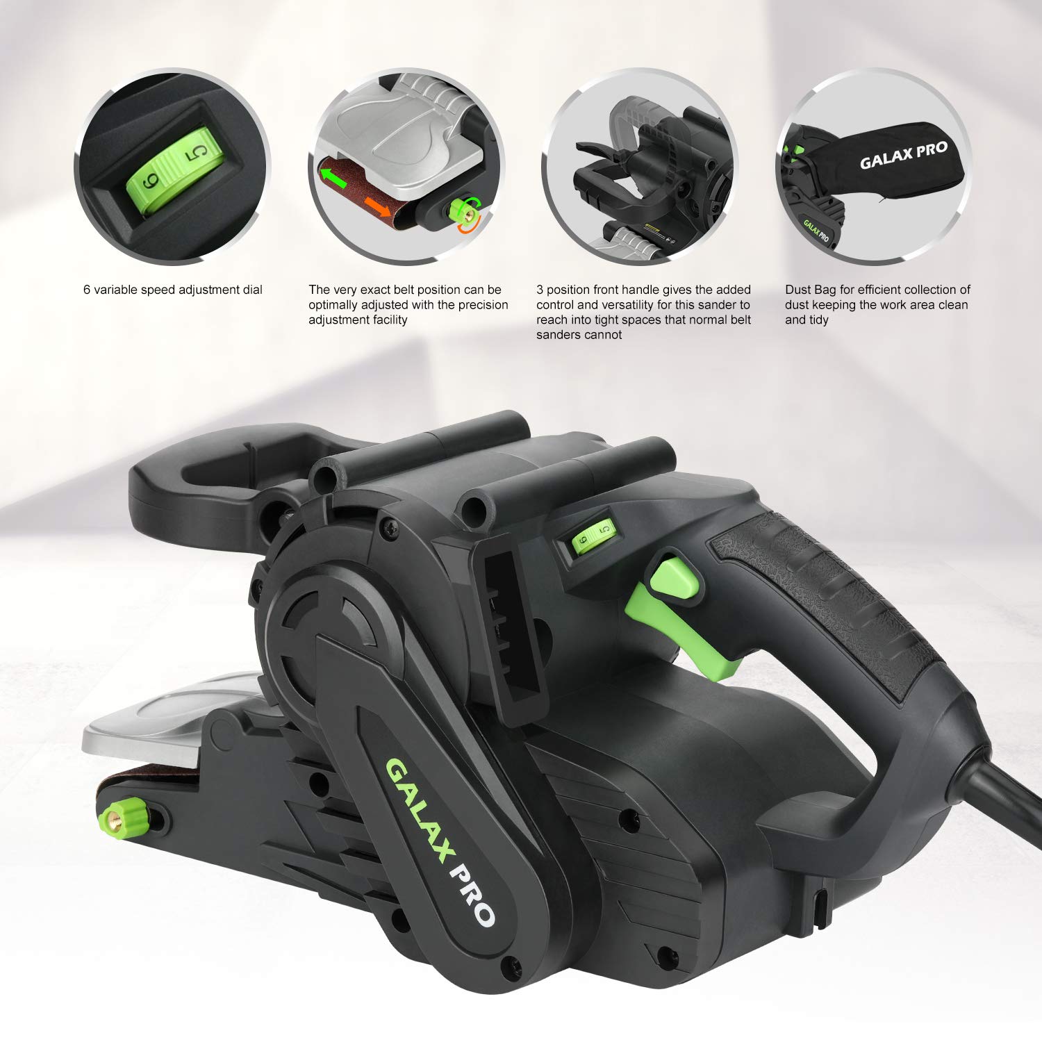 GALAX PRO 1010W Belt Sander, 120-380 RPM Variable Speed Settings, Dust Bag 5 Sanding Belts (76x533 MM)