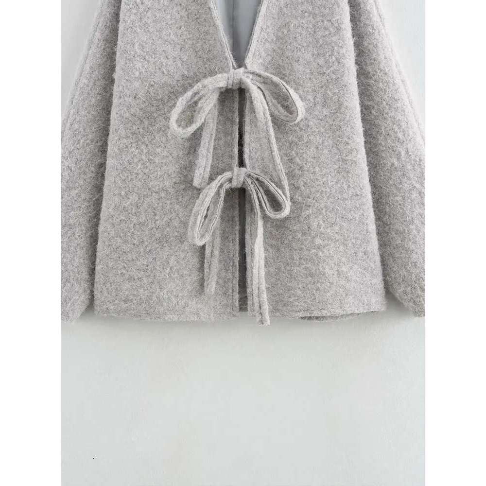 2024 Autumn Wintervintage Casual Chic Women Jackets Solid V-Neck Long Sleeve Lace-Up Loose Thick Coats Fashion Outwears
