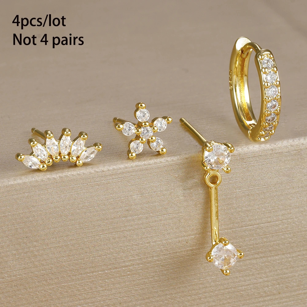 4PCS Stainless Steel Circle Huggie Hoop Earrings Set for Women Gold Color Unique Zircon Flower Stud Earring Piercing Jewelry 250512