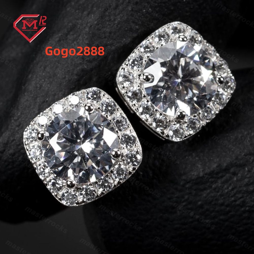 Daily Wear Men Earrings Stud Hip Hop Jewelry Iced Out Square S925 Silver Vvs Round Moissanite Earrings