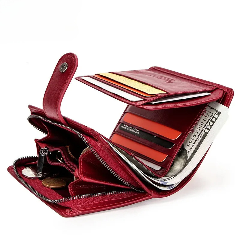 Women's RFID Genuine Leather Compact Coin Zipper Wallet, Red 241028 New Free Delivery Designer Bag