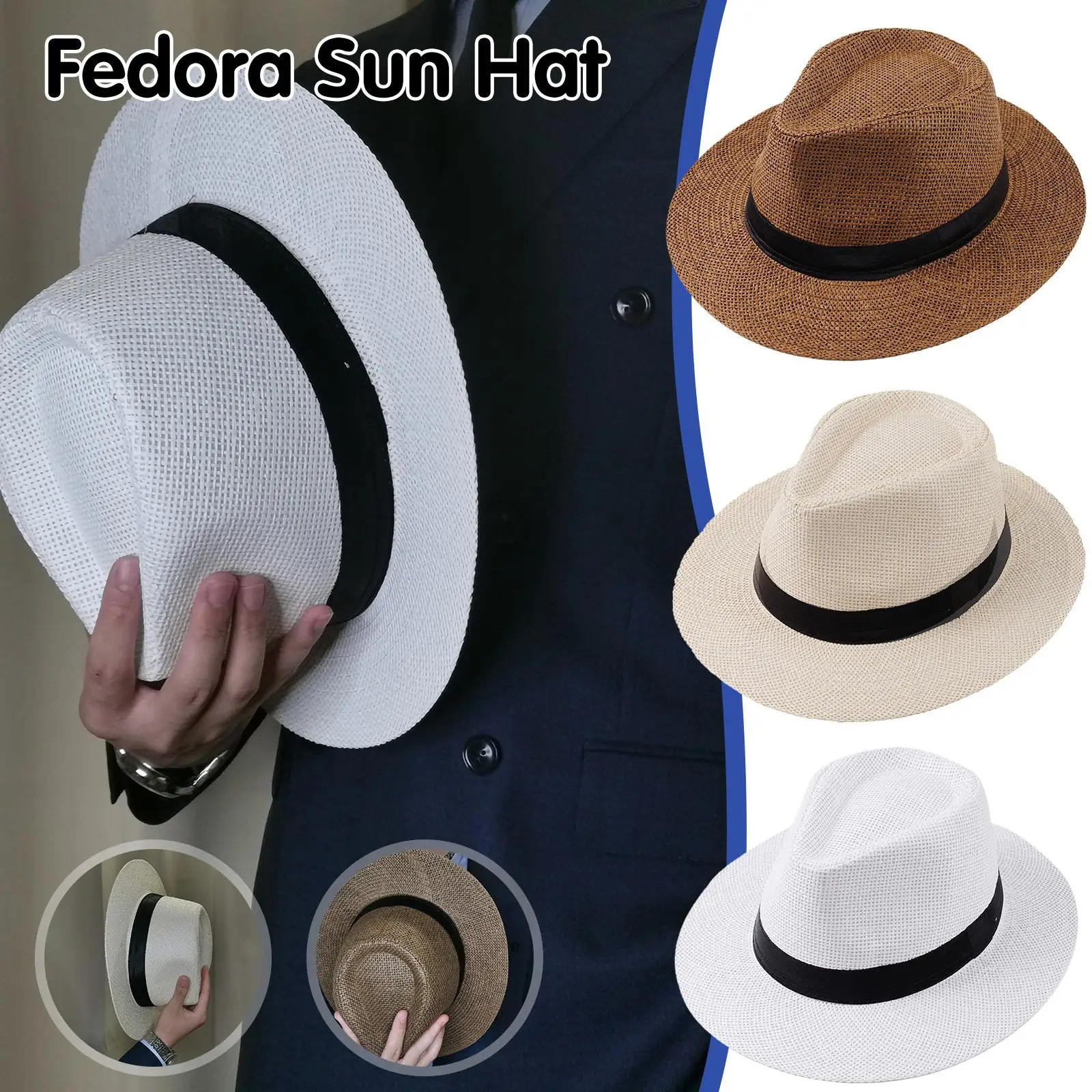 Fashion Men Natural Panama Straw Hat Summer Trendy Beach Sun Hats Solid Color Fedoras Ribbon Casual Cowboy Jazz Cap Gangster 250512