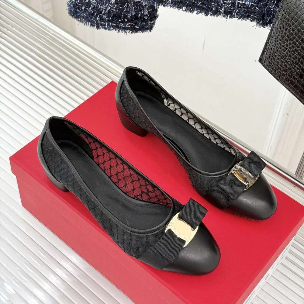 New Women Genuine Leather Pumps Med Heels Butterfly Knot Mesh Round Toe Slip On Party Designer Shoes Zapatillas De Mujer