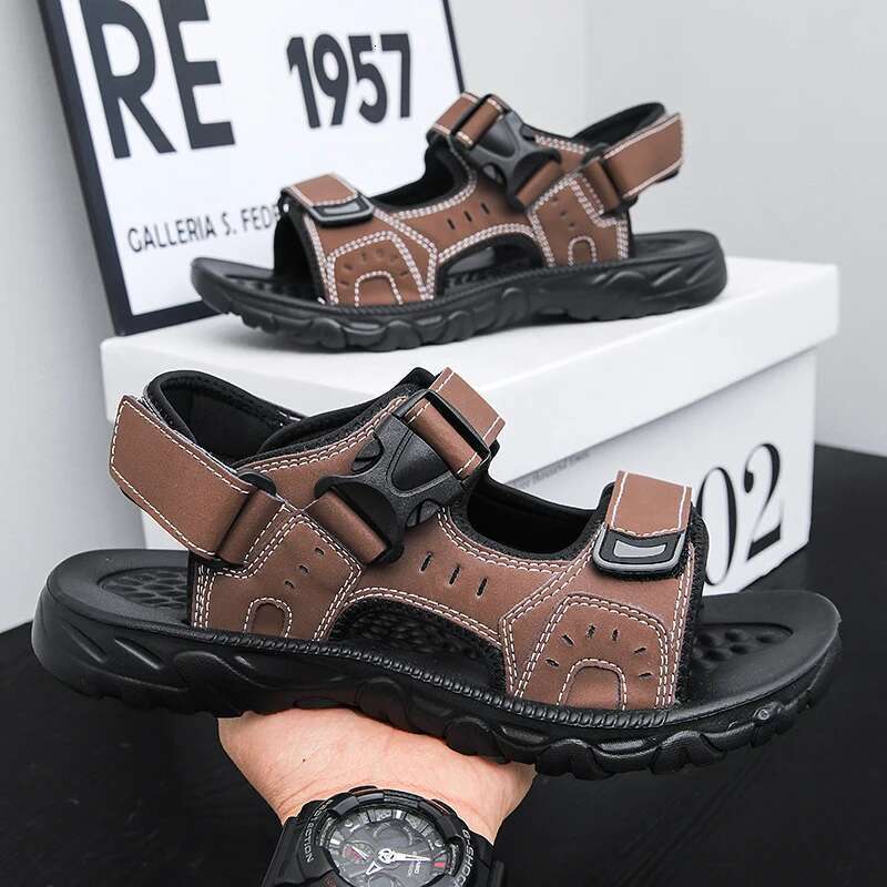 Summer PU Leather Lightweight Open Toe Flat Mens Casual Outdoor Walking Sandals for Men Beach Shoes Size 39-46