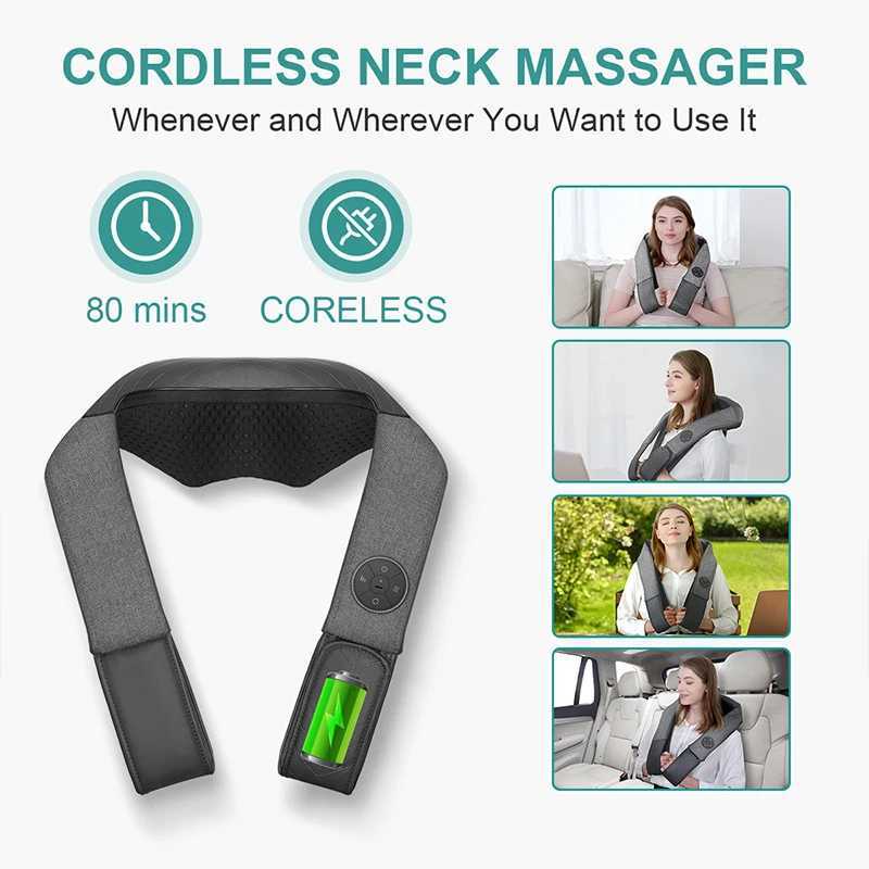 Nekteck Shiatsu Back Shoulder and Neck Massager Cordless Deep Tissue Kneading with Heat Portable Neck Massage Pillow Home UseW250512