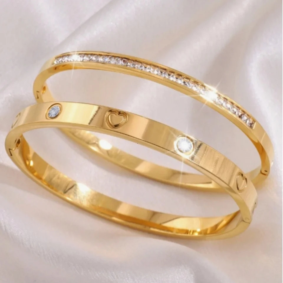 Htpwe Stainless Steel Zirconium Embossed Bracelet Set For Women 18k Gold Plated Couple Holiday Gift Party Daily Jewelry 250512