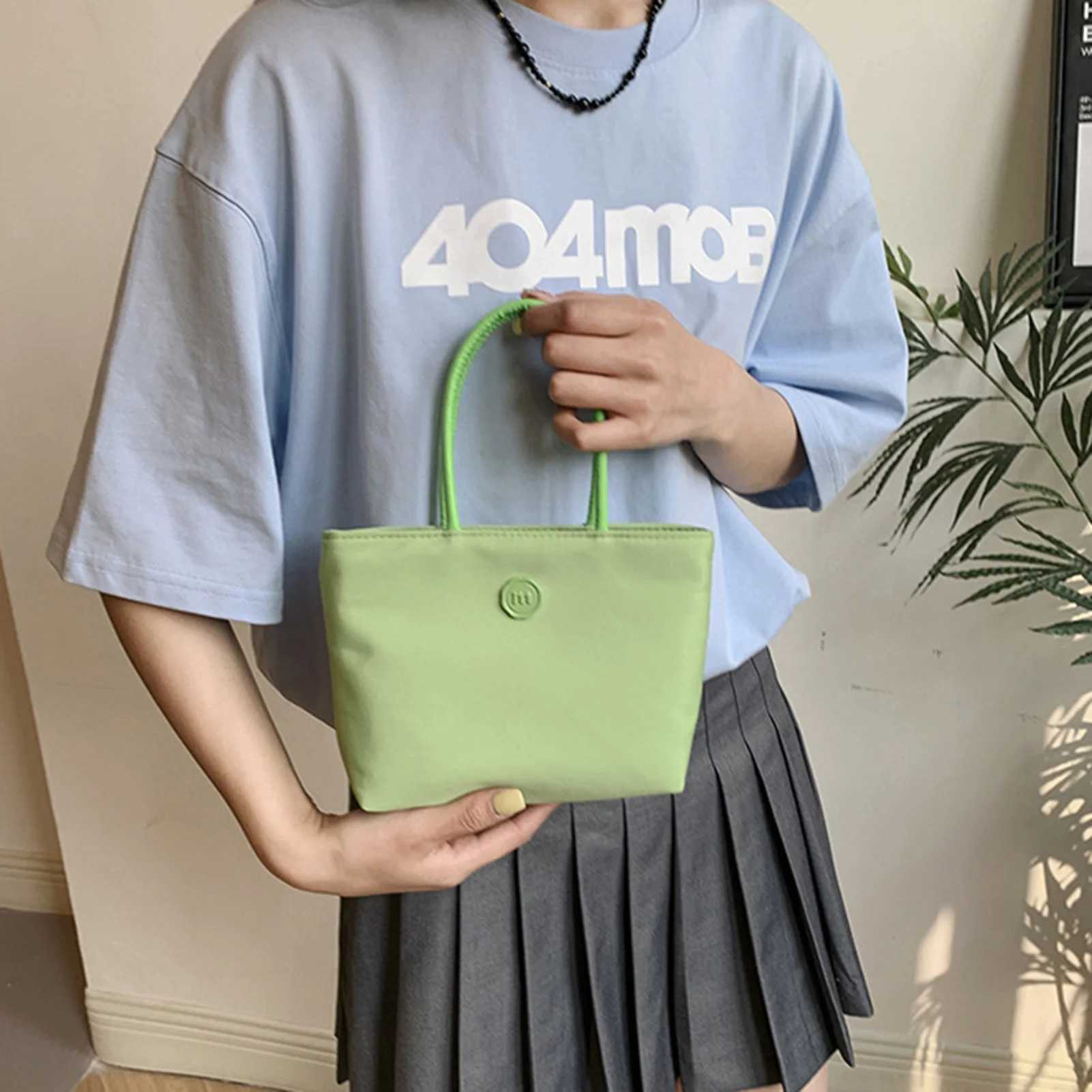 Summer Green Tote Bag Mini Nylon Pink Handbag Korean Fashion Solid Color HandHold Bag Women Girls Shopping Commuting BagW250512