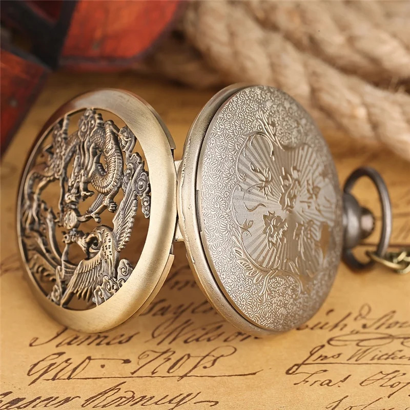 Antique Double Dragons Playing with Beads Pattern Quartz Pocket Watch With Necklace Chain Vintage Gift for Male Women and Kids 250512