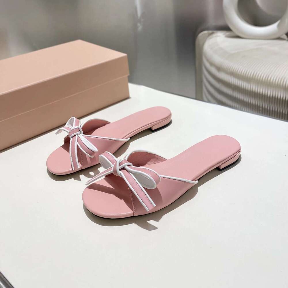 New Women Genuine Leather Slippers Butterfly Knot Low Heels Summer Slides Solid Colors Designer Shoes Zapatillas De Mujer