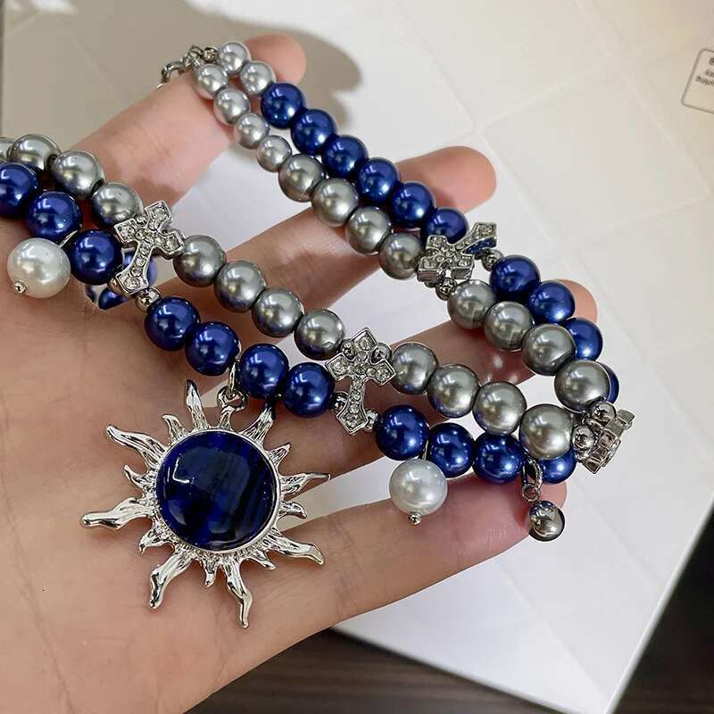 Blue Artificial Gemstone Suower Pendant Necklace Women's New High-end Feel Pearl Fashion Versatile Collarbone Chain