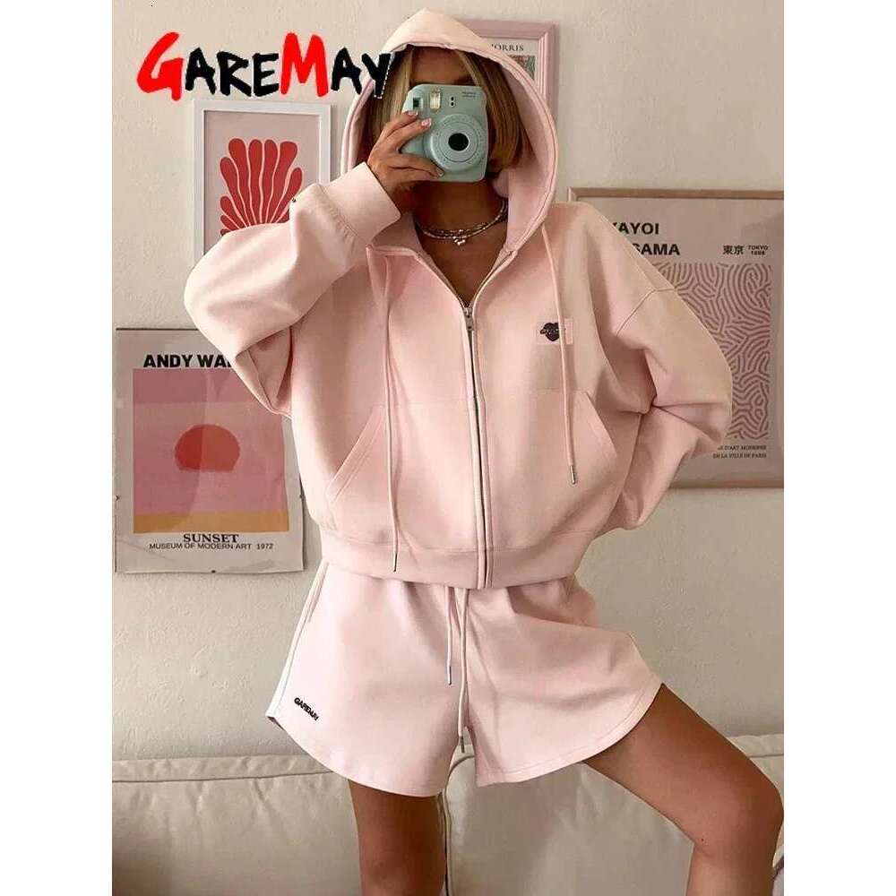 Spring Women's Summer Suit Cotton Oversize Pink Top and Set Two-piece Casual Tracksuit with Shorts for Women
