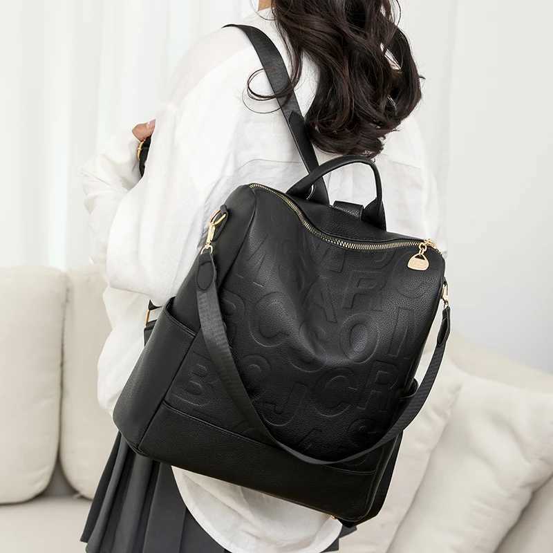 Large capacity backpack for women made of PU soft leather with letter embossing a light and casual backpack for female college Z250512