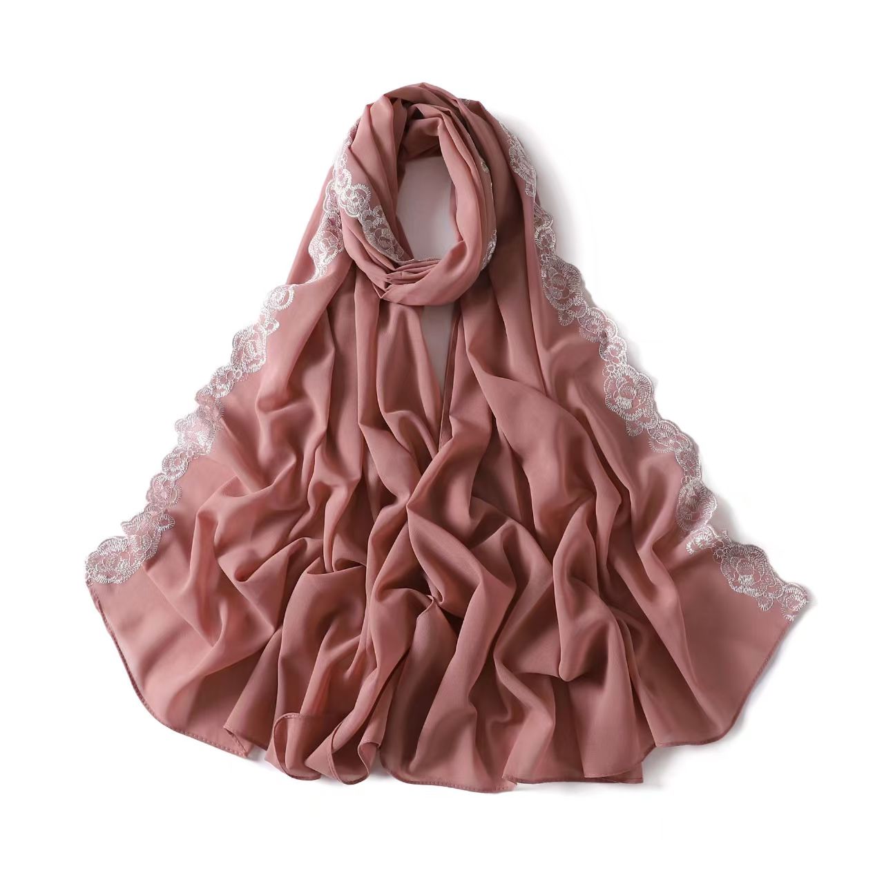 T689 lace trim solid color pearl chiffon long scarf Indonesian monochrome headscarf hijab scarf female