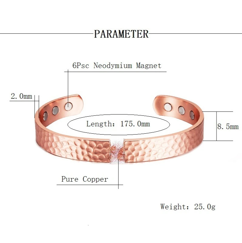 Magnetic Pure Copper Bracelets for Women Men Vintage Rose Gold Cuff Bangle Charms Health Energy Bracelet with Gauss Magnets 250512