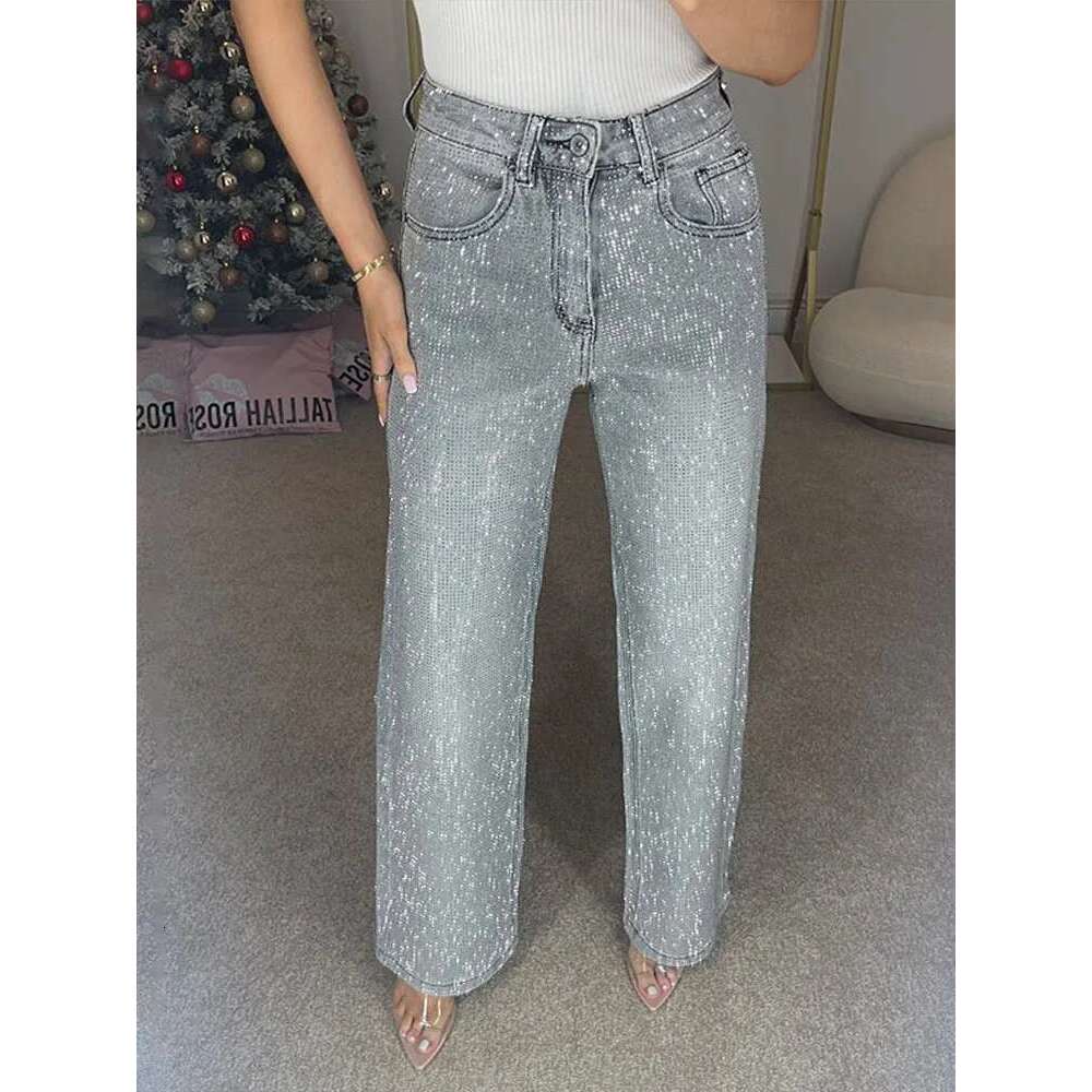 Y2k Women Shiny Rhinestone Denim Pants Wide Leg Straight Full Dia Jeans for Female Dragging High Street Outwear Trousers