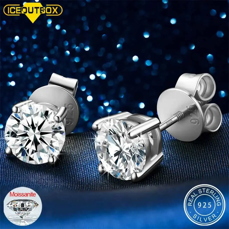 ICEOUTBOX 925 Sterling Silver 0.1-4CT Test Passed Diamond Studs Earrings for Women Wedding Fine Jewelry Gifts 250512