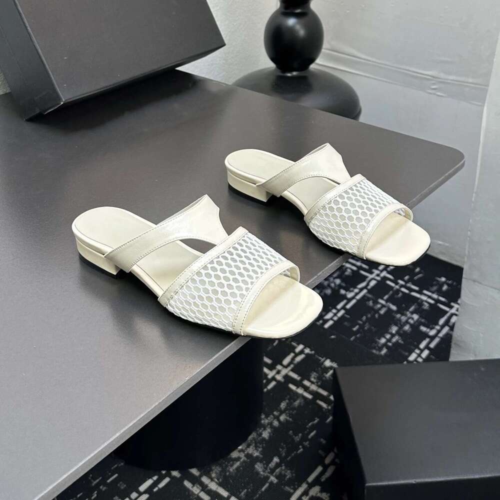 New Women Size35-41 Genuine Leather Slippers Low Heels Mesh Solid Colors Summer Slides Designer Shoes Zapatillas De Mujer