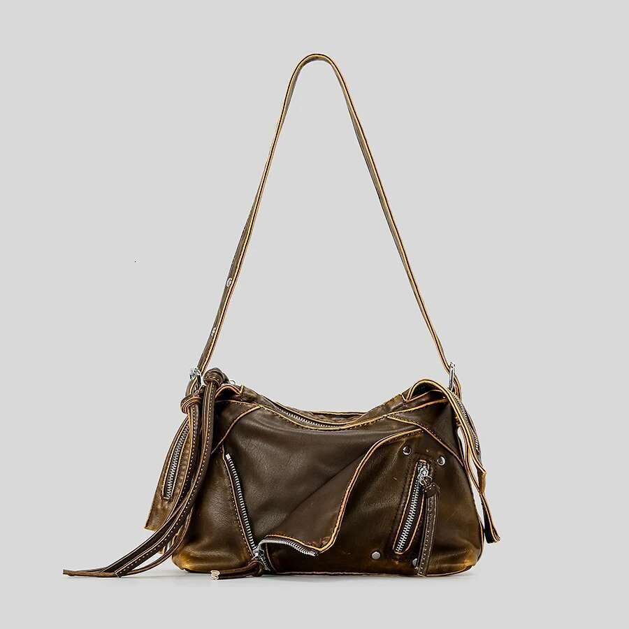 Fashion Lapel Collar Design Women Shoulder Vintage Washed Pu Leather Crossbody Bags Y2k Multi Zipper Small Tote Bag