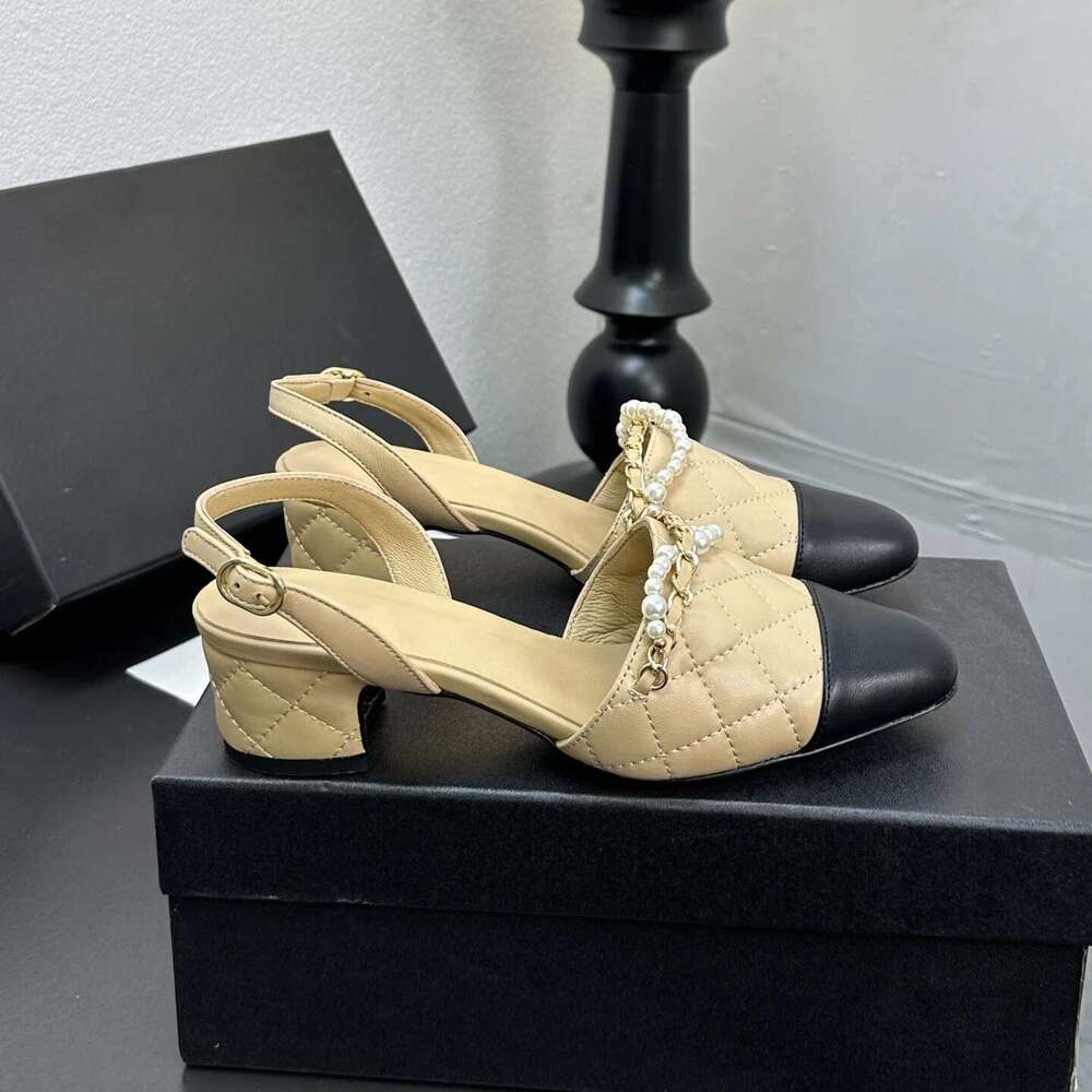 Women Size35-41 Genuine Leather Pumps Slingbacks Med Heels Pearl Chain Sandals Sewing Designer Shoes Zapatillas De Mujer