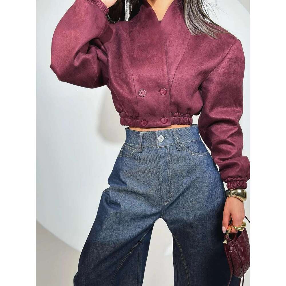 TWOTWINSTYLE Winered French Retro Slim Coats for Women V Neck Spliced Double Breasted Long Sleeved Short Jackets Female Fashion