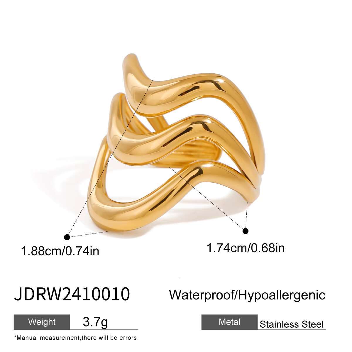 J D 18k Gold Stainless Steel Adjustable Ripple Wave Cutout Open Ring Trendy Irregular Hollowed Minimalist Style
