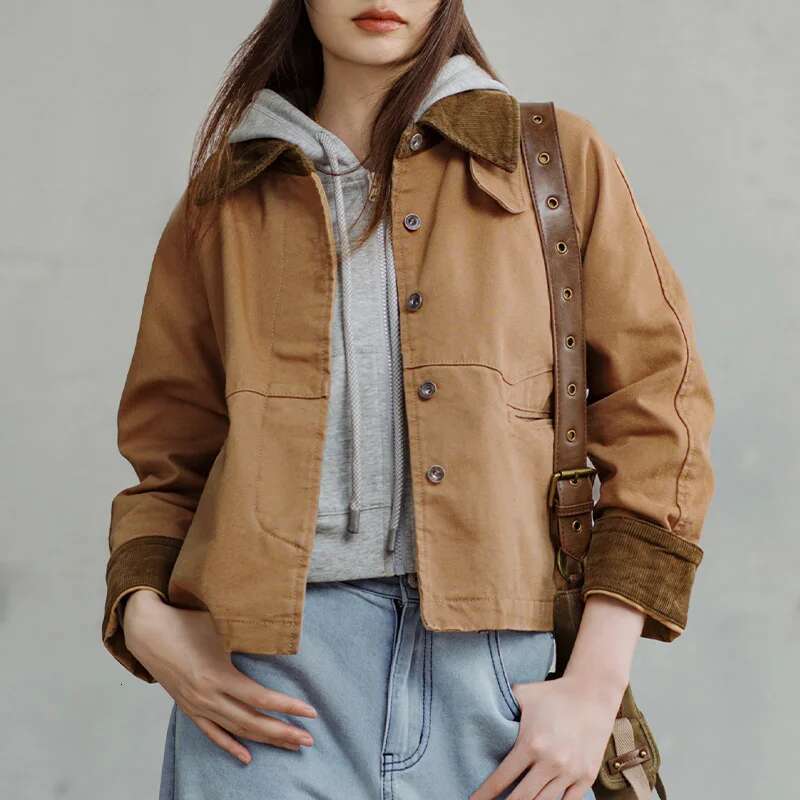 Maden Retro Khaki Corduroy Collar Jacket Heavyweight Canvas Outerwear Loose Fit Casual Coat for Women's Autumn and Winter Tops