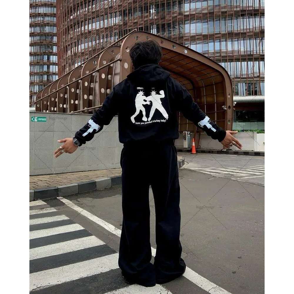 New Street Trend Personalized Design Pattern Fashionable Versatile Hoodie Trousers Men Retro Haruku Casual Loose Suit Women Designer