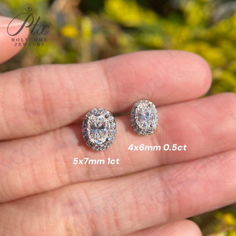 Oval Shaped Halo Moissanite Stud Earrings Pendant Necklace Set 1 Carat White Gold Finish 925 Sterling Silver for Bridal Jewellery