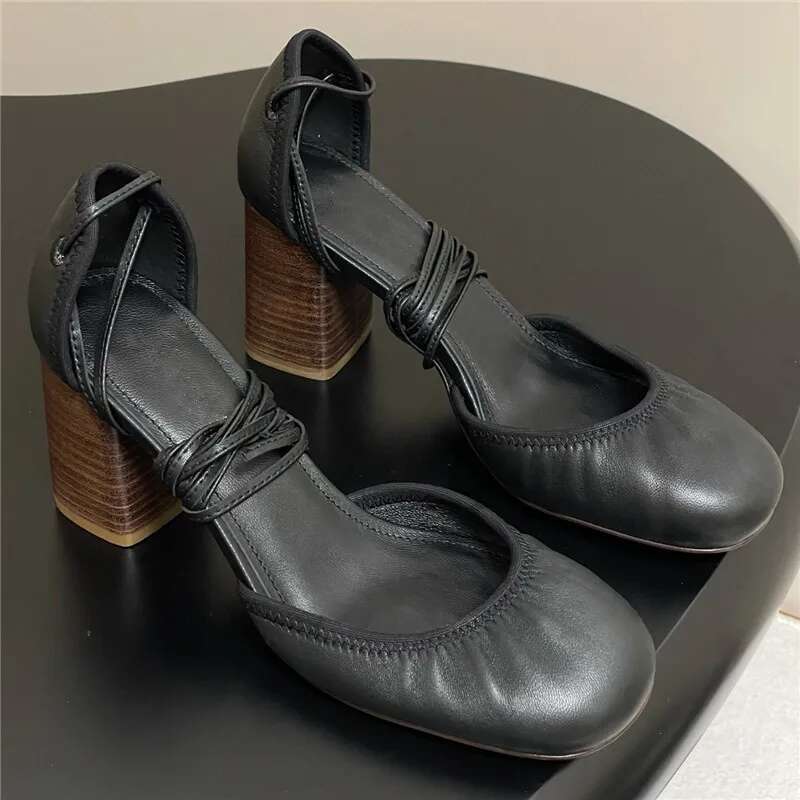 Womens Spring Autumn Fashion Leather Pump Shoes Designer Ankle Strappy Sandal Elegant Mid Block Heel Flat Closed Round Toe